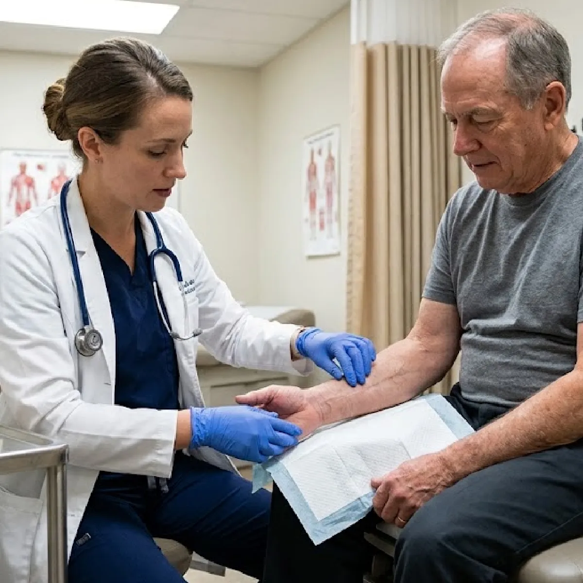 Healthcare professional examining a patient's wound.
