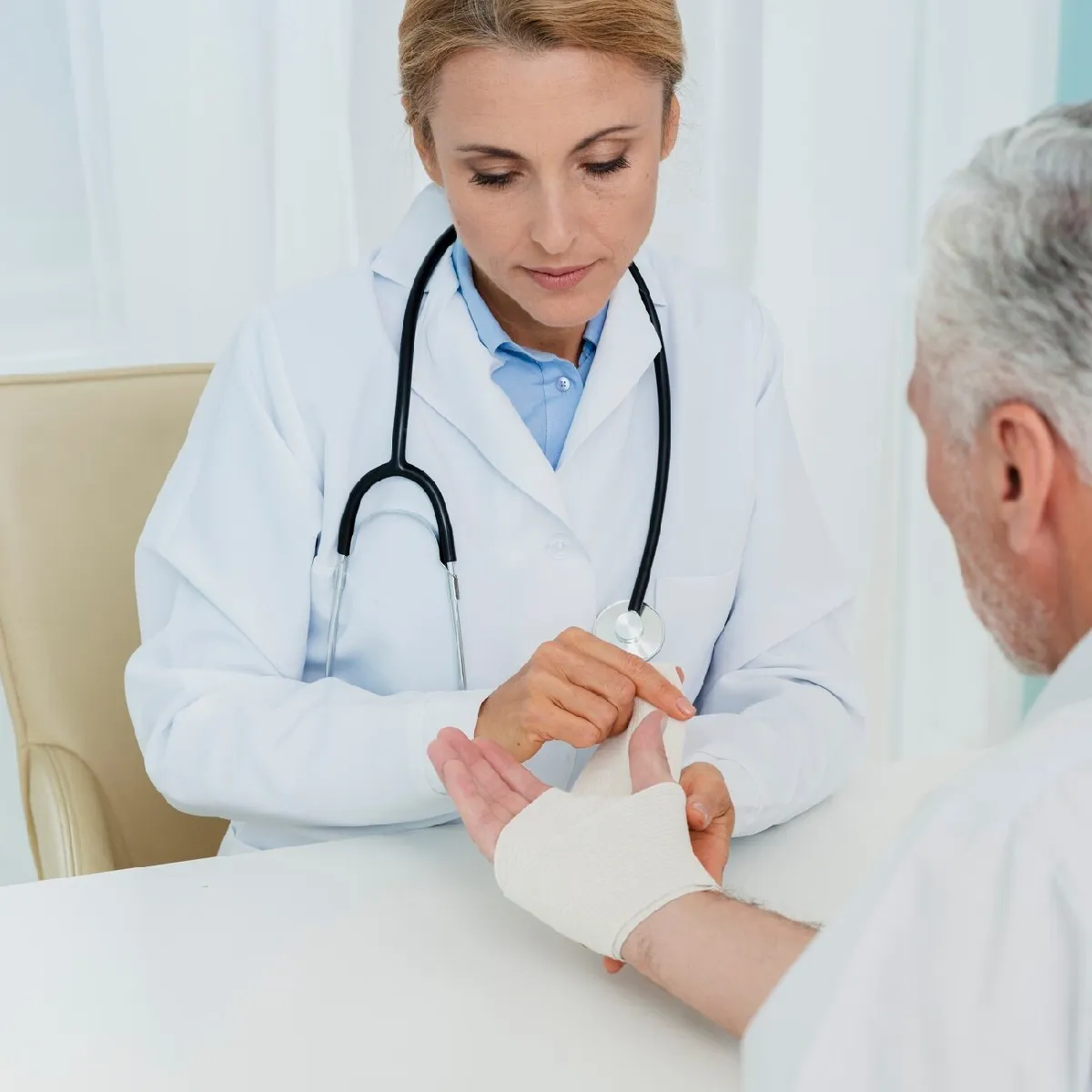 Medical professional providing wound dressing or treatment